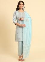 Silk Blend Sky Blue Casual Wear Embroidery Work Readymade Kurti Set